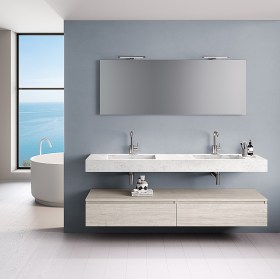 Top bagno con doppio lavabo integrato cassettoni (MARMO-CARRARA/SHERWOOD-NATURALE)